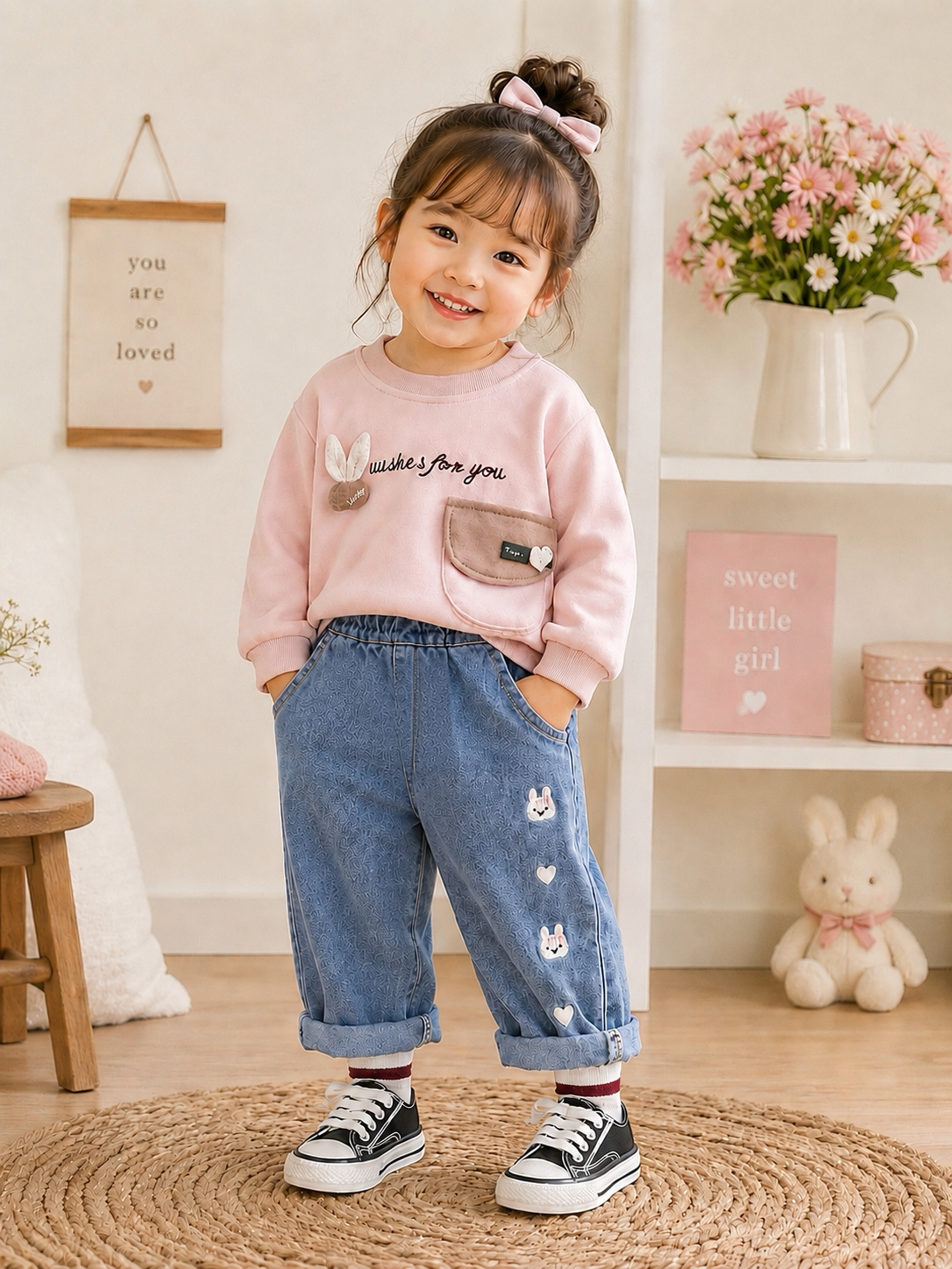 Conjunto pantalón de jeans con abrigo mangas largas , detalles de corazones y conejitos