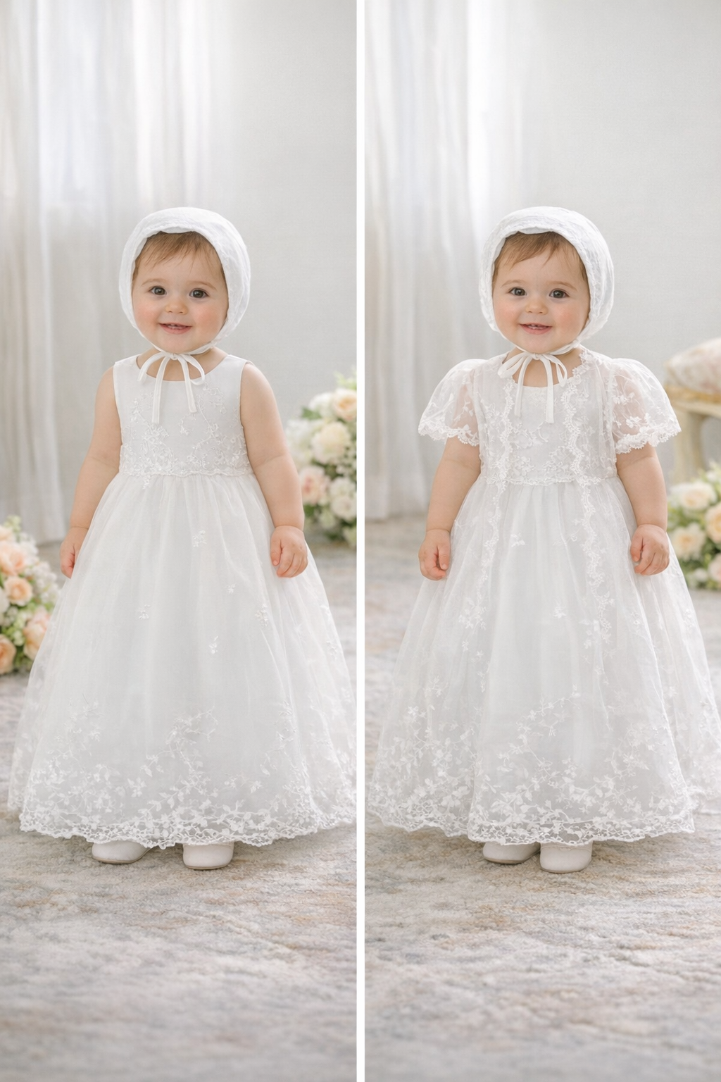 Vestido blanco elegante largo, incluye gorrito y bata con manguita