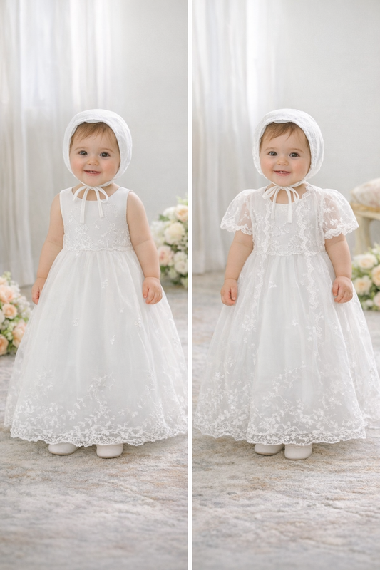 Vestido blanco elegante largo, incluye gorrito y bata con manguita