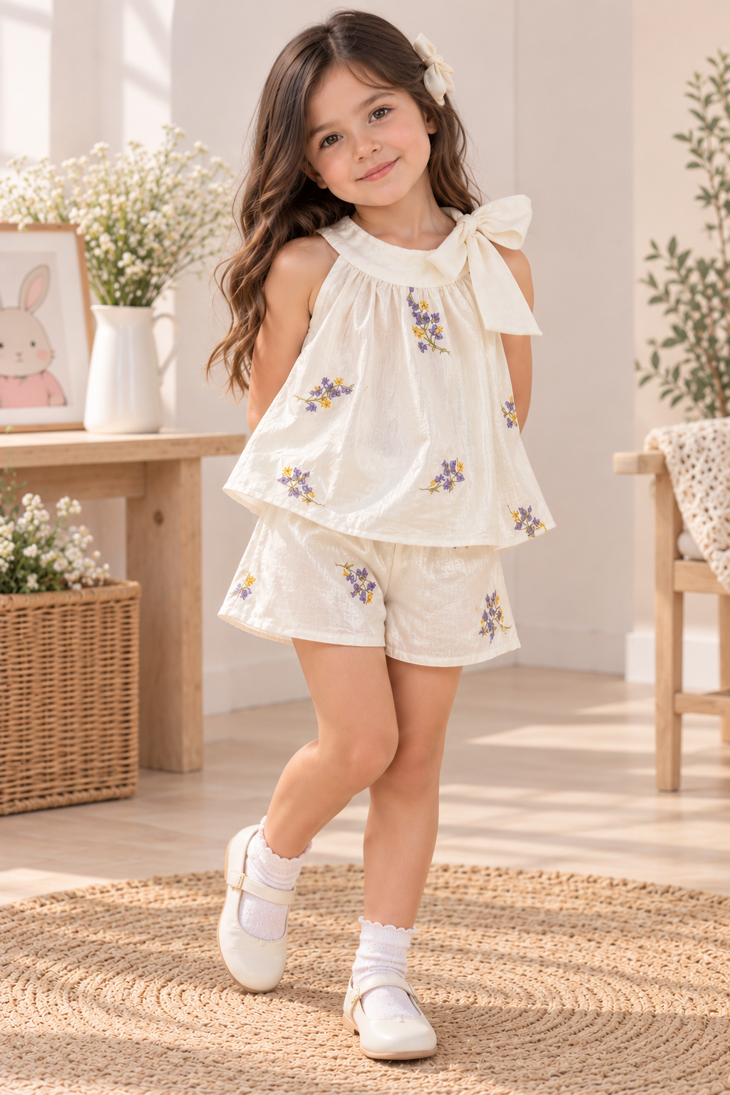 Conjunto short con blusa color beige claro detalles de flores bordados y moño en el cuello