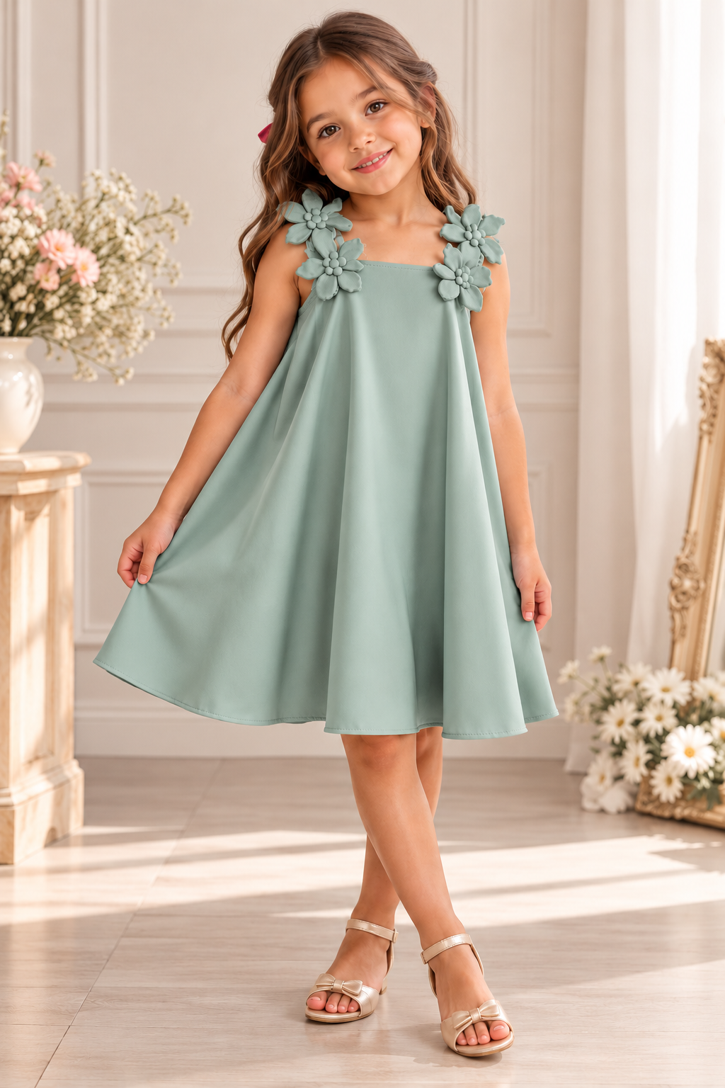 Vestido suelto color verde malva , detalles de flores en 3D en el hombro fresco y ligero
