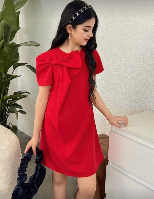 Vestido rojo para niñas de 8 a 12 años detalle de manga y moño en el pecho