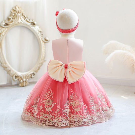 Vestido elegante para bebé , color coral con beige incluye moño