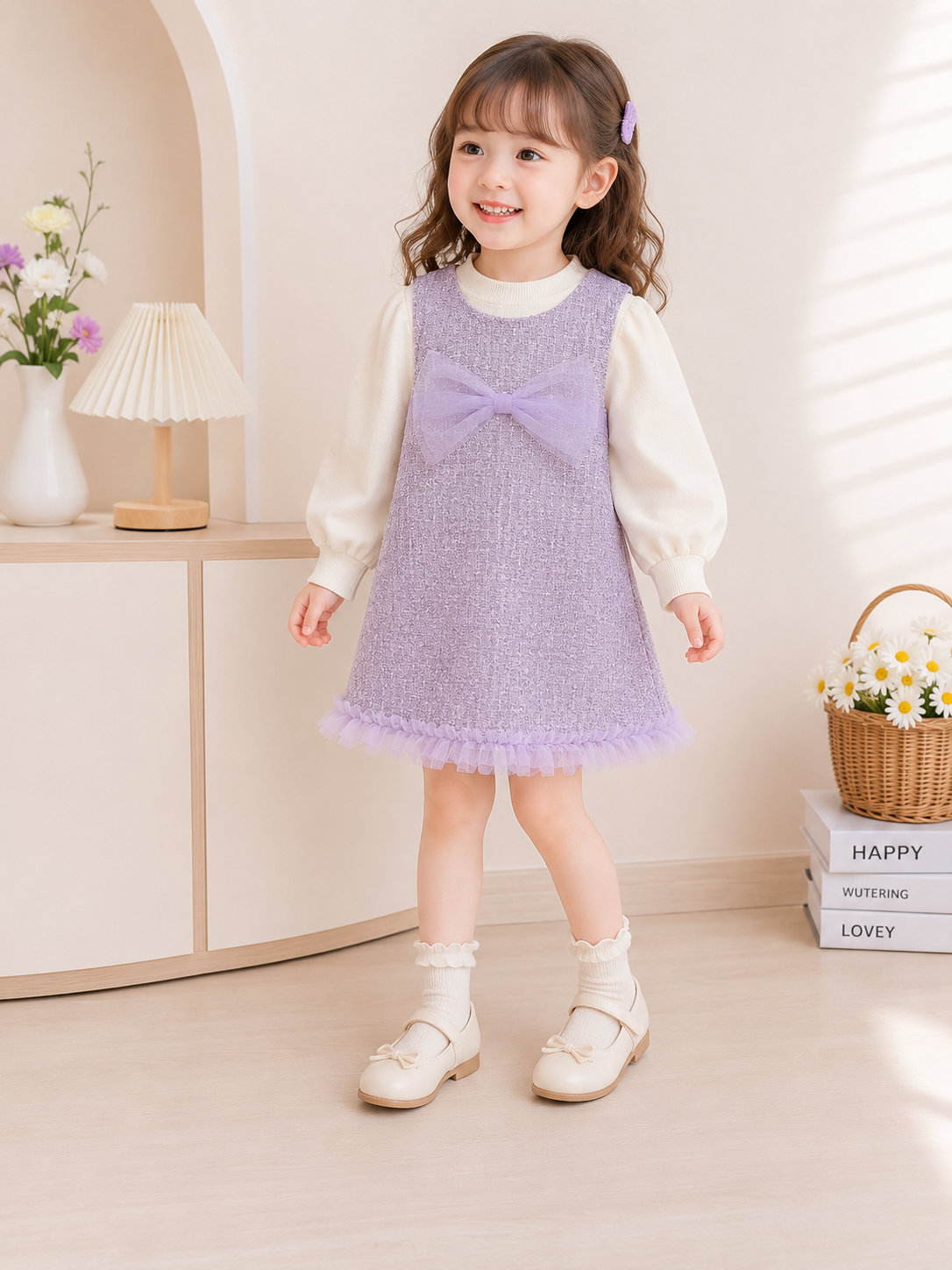 Conjunto de vestido lila con detalles de brillo sutil y moño con mangas largas mangas abullonado