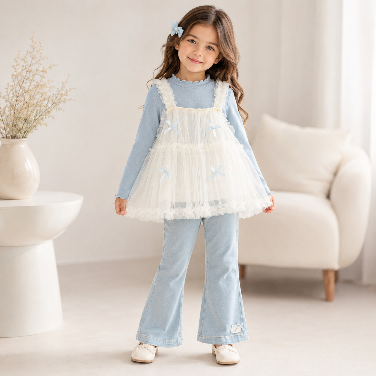 Conjunto de 3 piezas pantalón de jeans Oxford mangas largas celeste y blusa de tul blanca detalle de moñitos