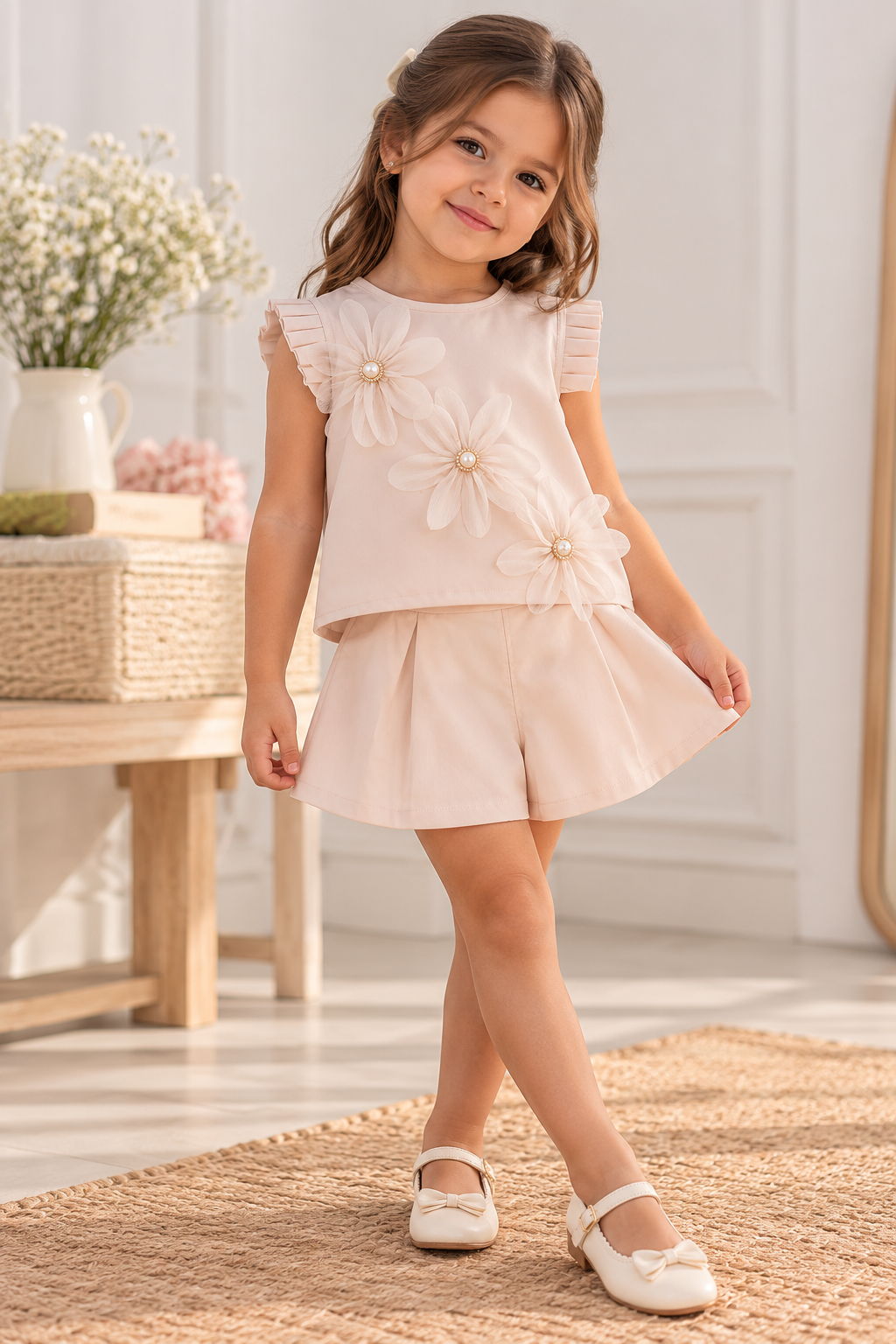 Conjunto short con blusa beige claro detalle de tableado y flores en 3D