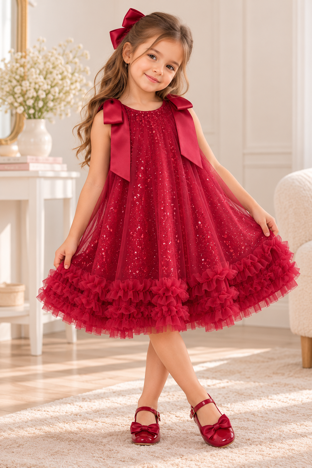 Vestido suelto elegante rojo vino , con detalles de lentejuelas y volado en la parte interior
