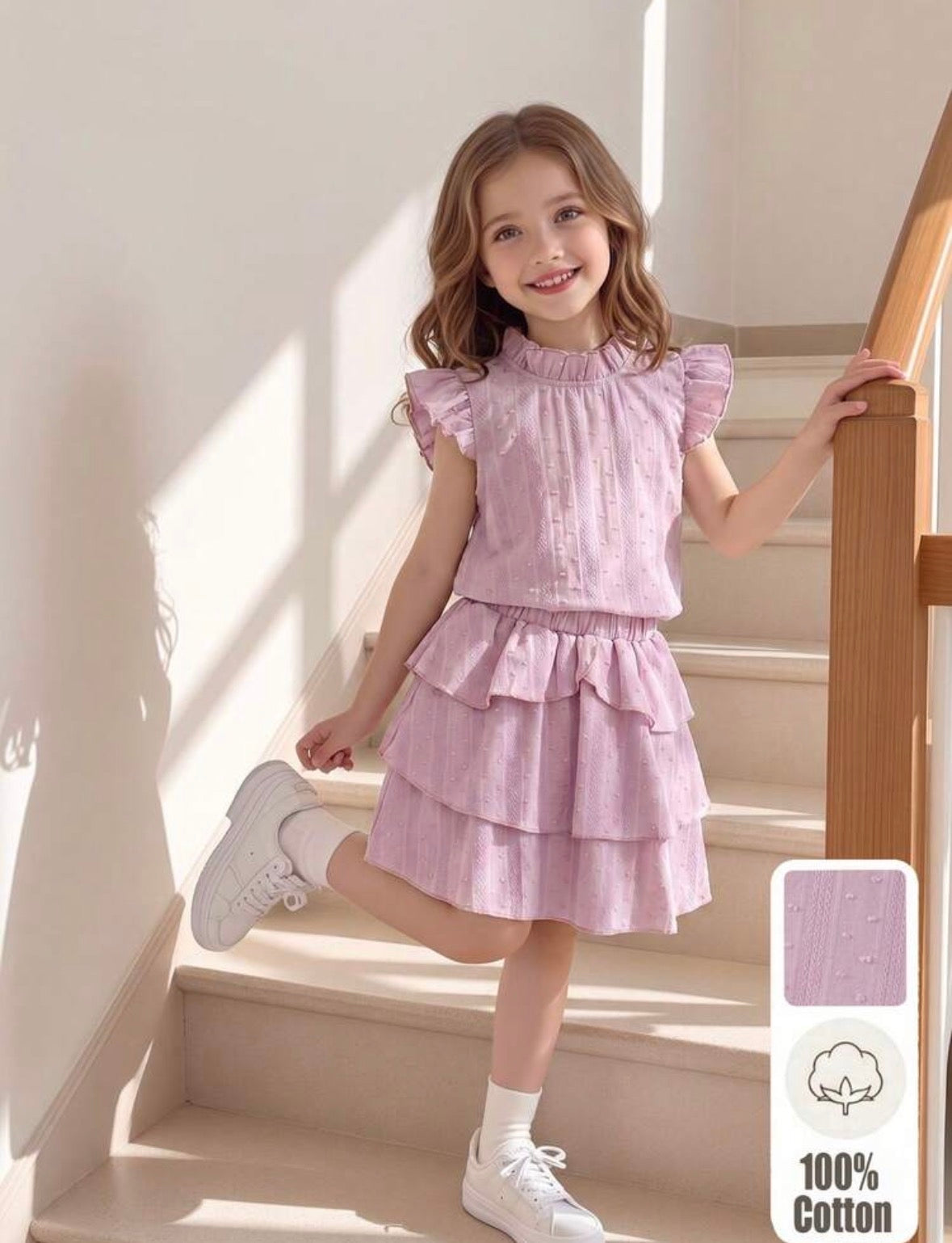 Conjunto 100% algodón pollera con blusa rosa detalle de capas en la falda