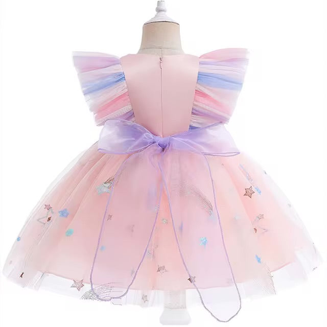Vestido elegante para bebés , rosa con detalles coloridos en las mangas y falda