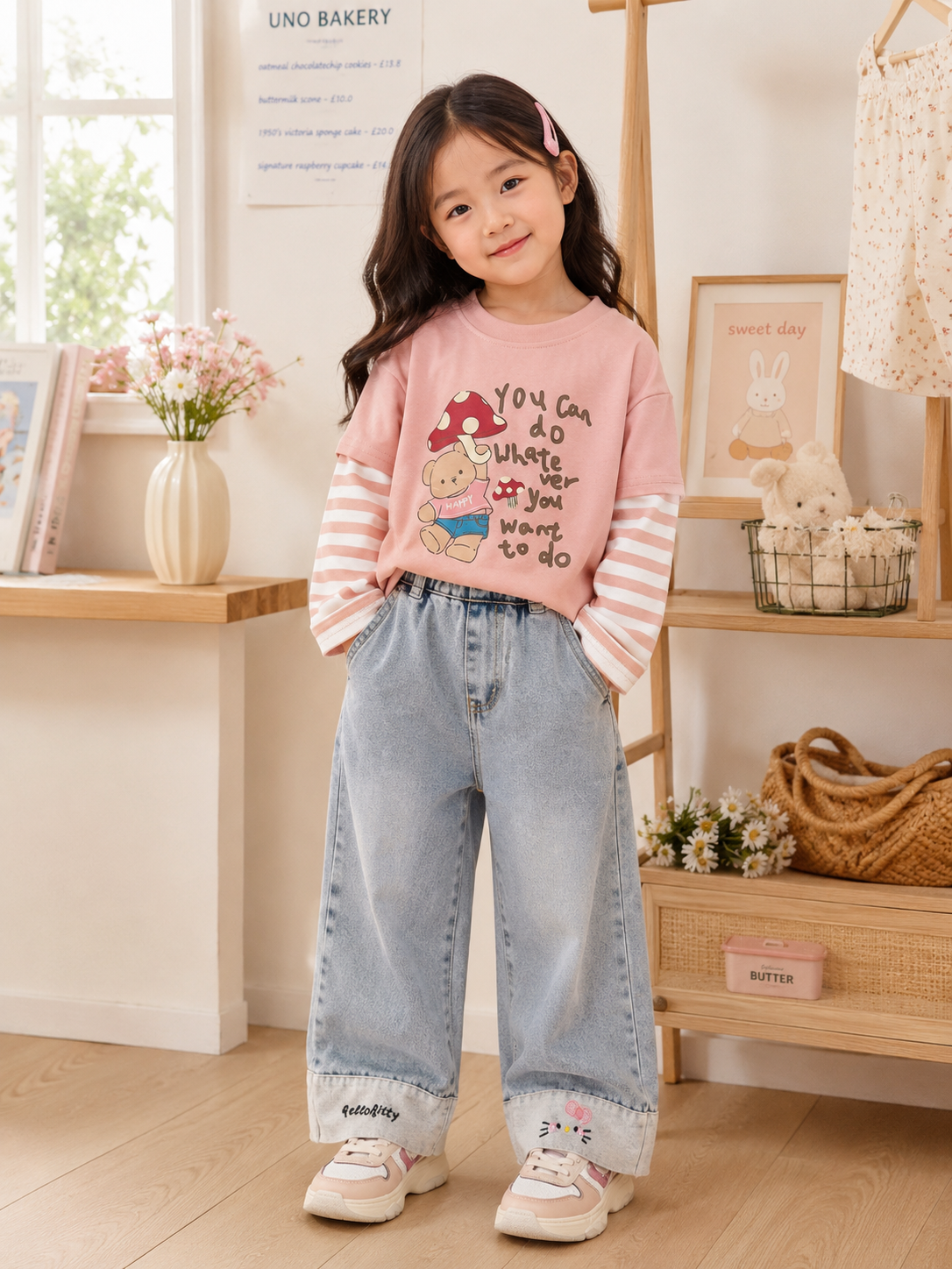 Conjunto pantalón de jeans con remera mangas largas rosa detalle de osito