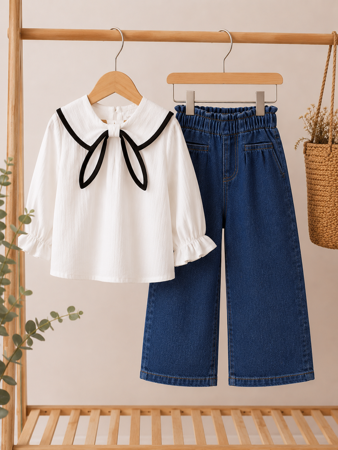 Conjunto pantalón de jeans con camisa blanca detalle de moño en el pecho