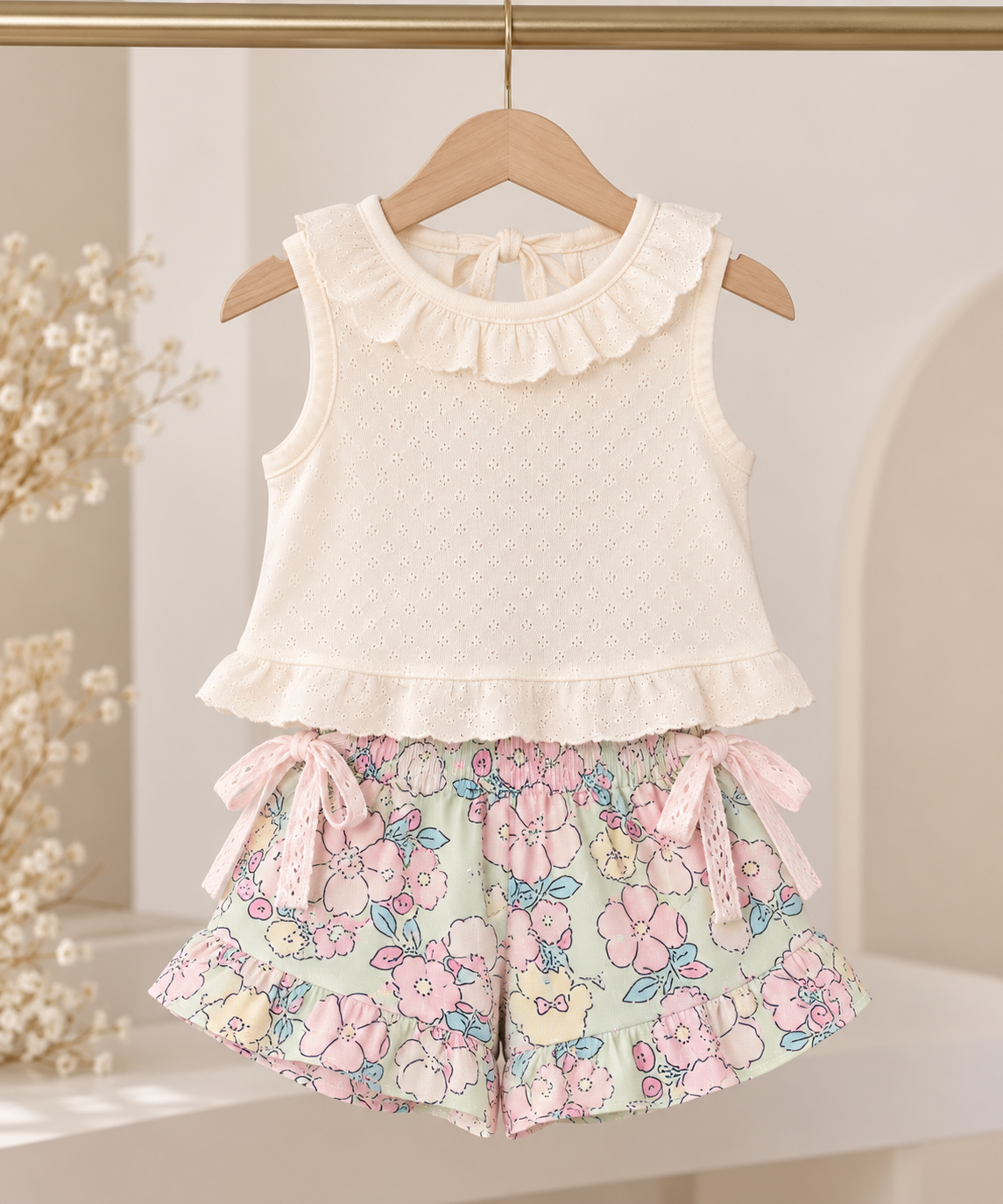 Conjunto short suelto estampado floral con blusa beige detalles de bolados y se ata atrás