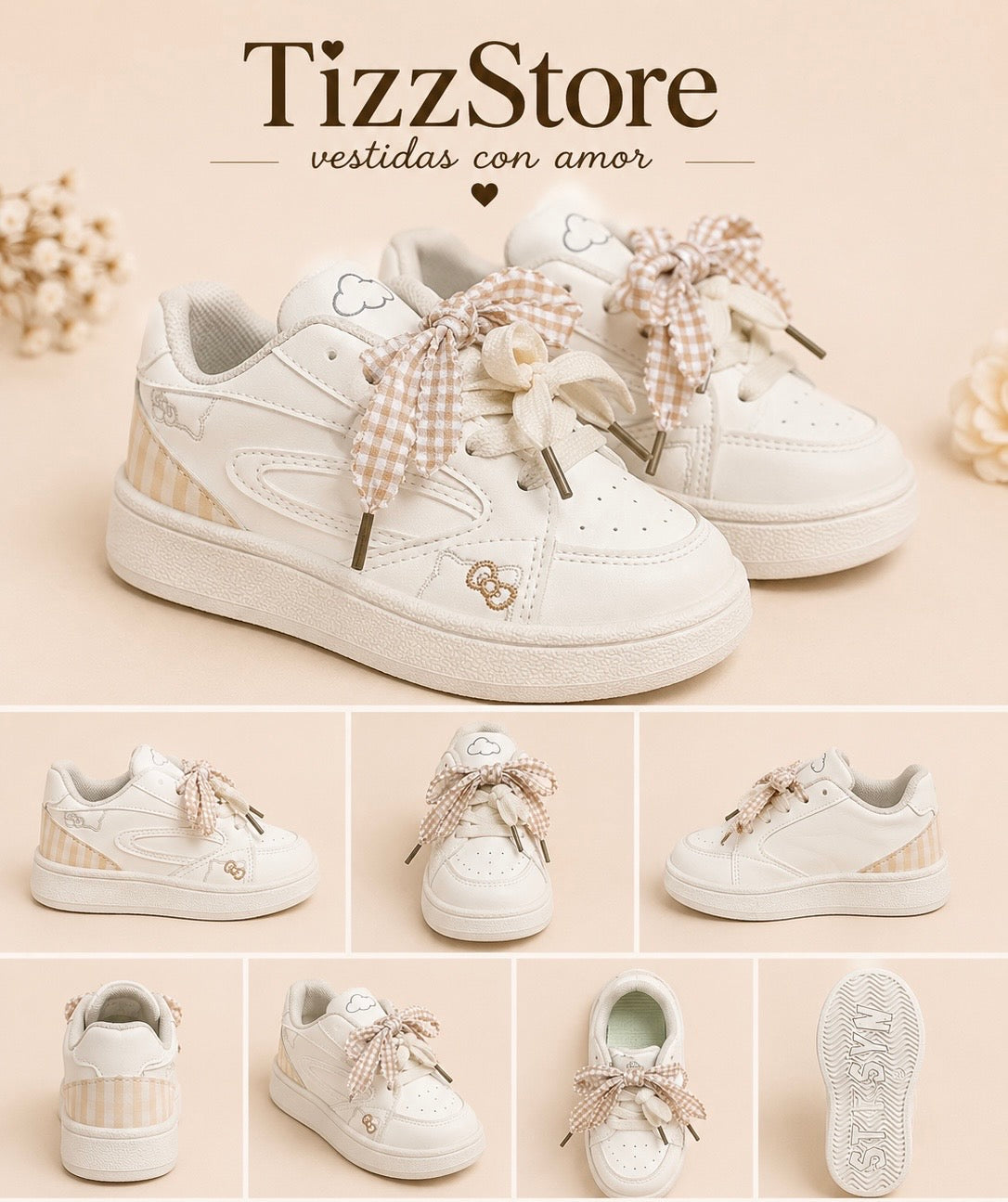 Zapato Tenis (Champion) color beige claro con detalle de hello Kitty