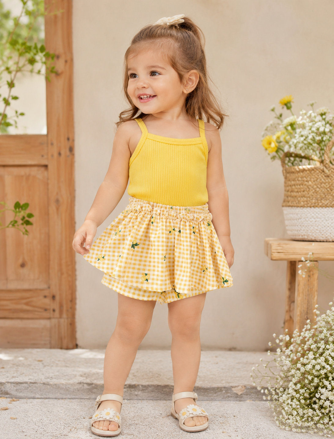 Conjunto amarillo de short pollera con camisilla detalle de limones
