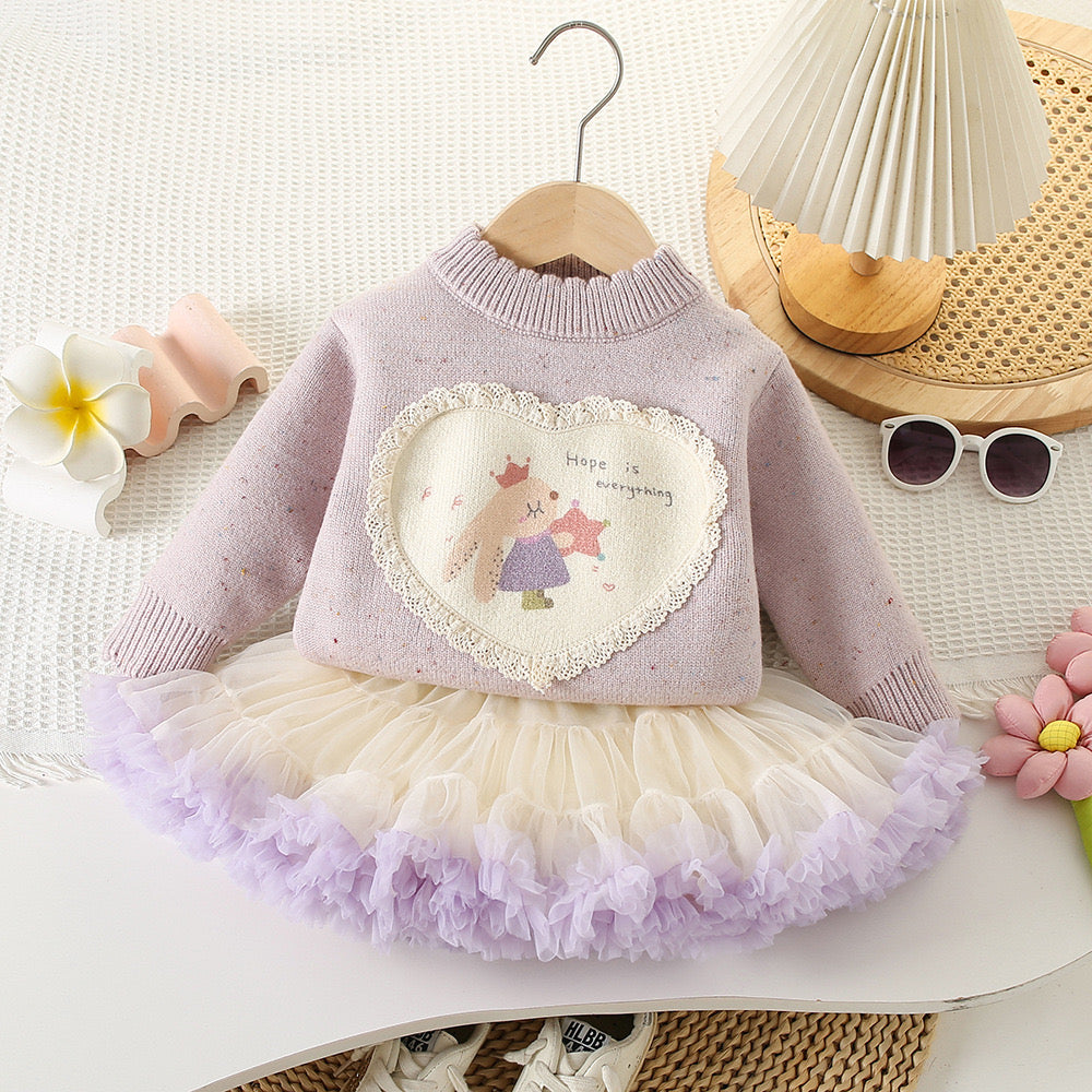 Conjunto tutu con abrigo lila ( súper calentito ) detalles de conejito
