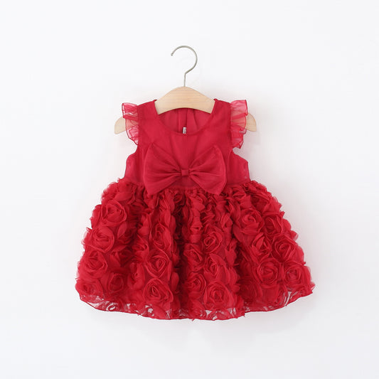 Vestido rojo con detalles de flores en 3D y moño ( cierre en la espalda)