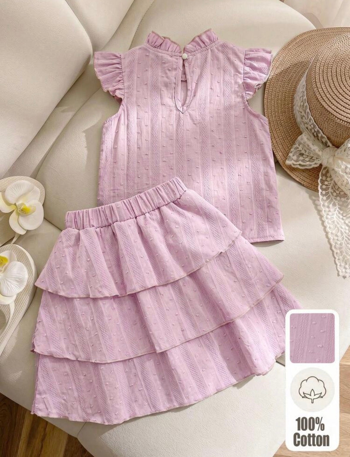 Conjunto 100% algodón pollera con blusa rosa detalle de capas en la falda