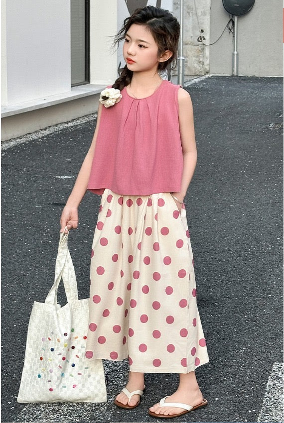 Conjunto palazo a motas y blusa rosa oscuro