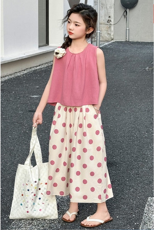 Conjunto palazo a motas y blusa rosa oscuro