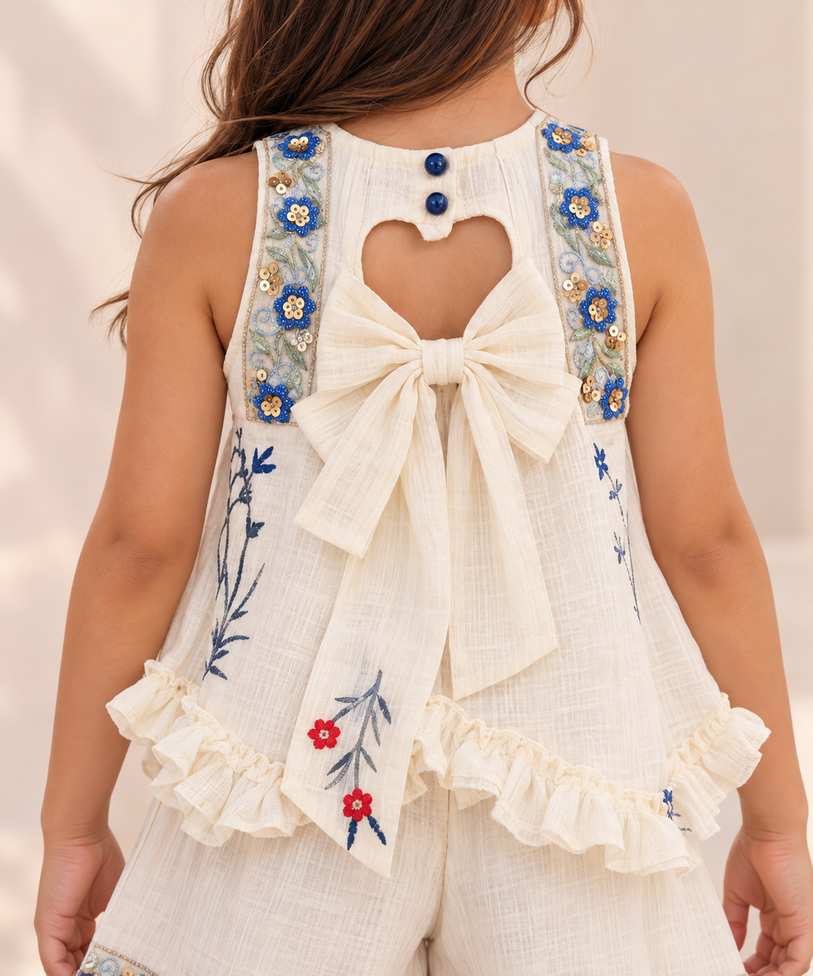 Conjunto de short y blusa blanca con detalles de bordado y lentejuelas y una abertura en forma de corazón en la espalda