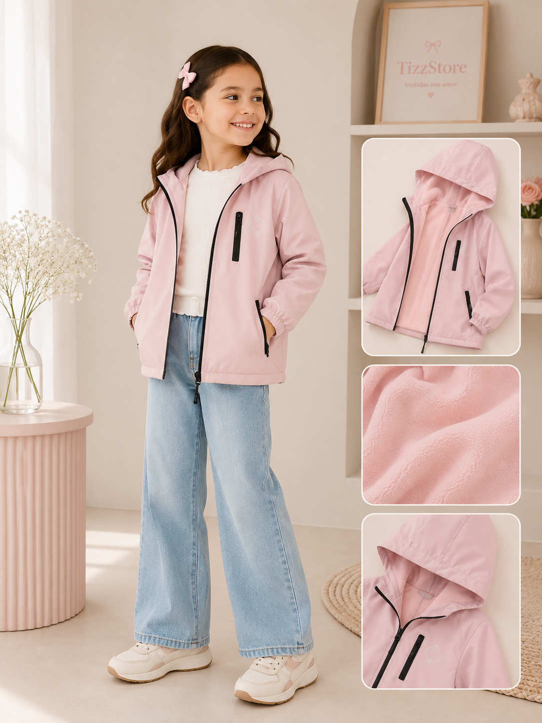 Campera rompe viento color rosa frisado por dentro detalles de bolsillos