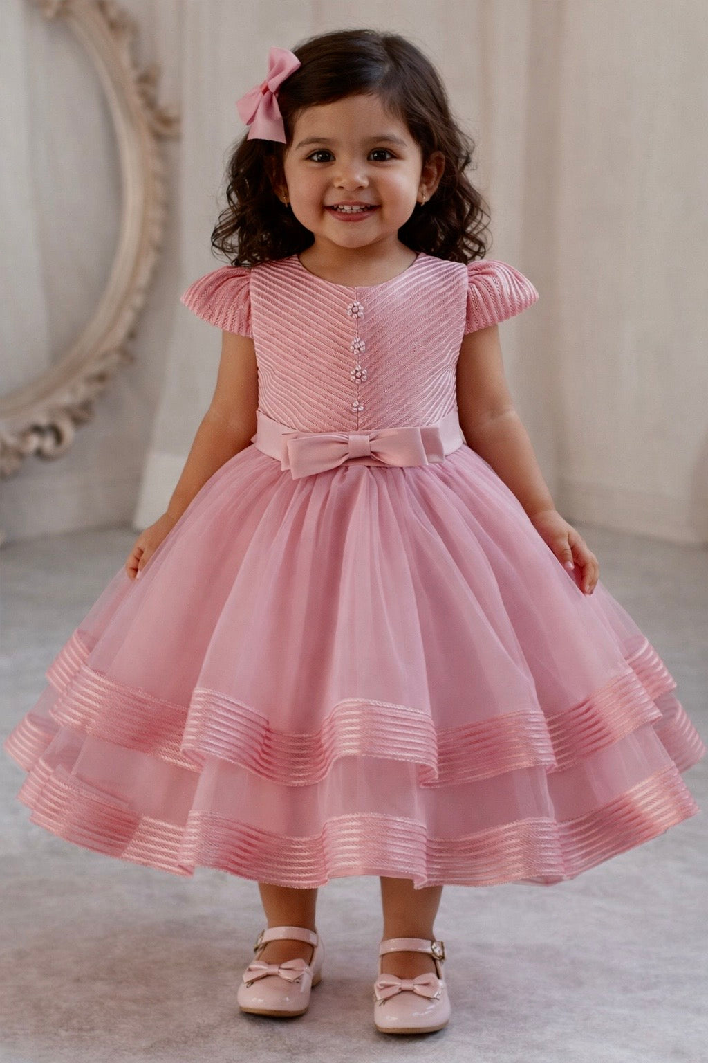 Vestido rosa vieja, con capas de tul moño y manga