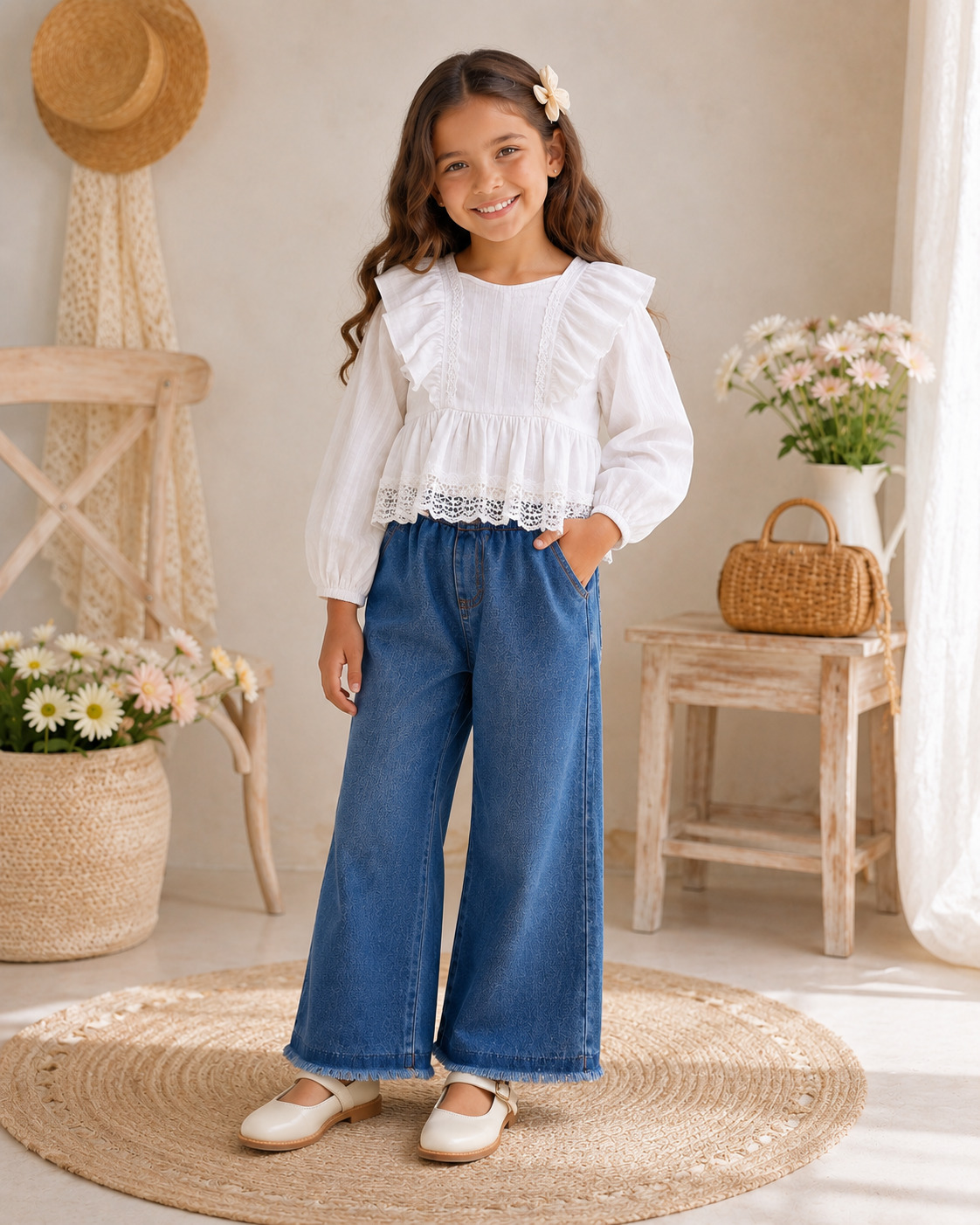 Conjunto pantalón de jeans azul con blusa blanca