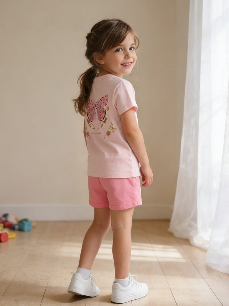 Conjunto short con remera 100% algodón color rosa  estampado de mariposa short con bolsillo