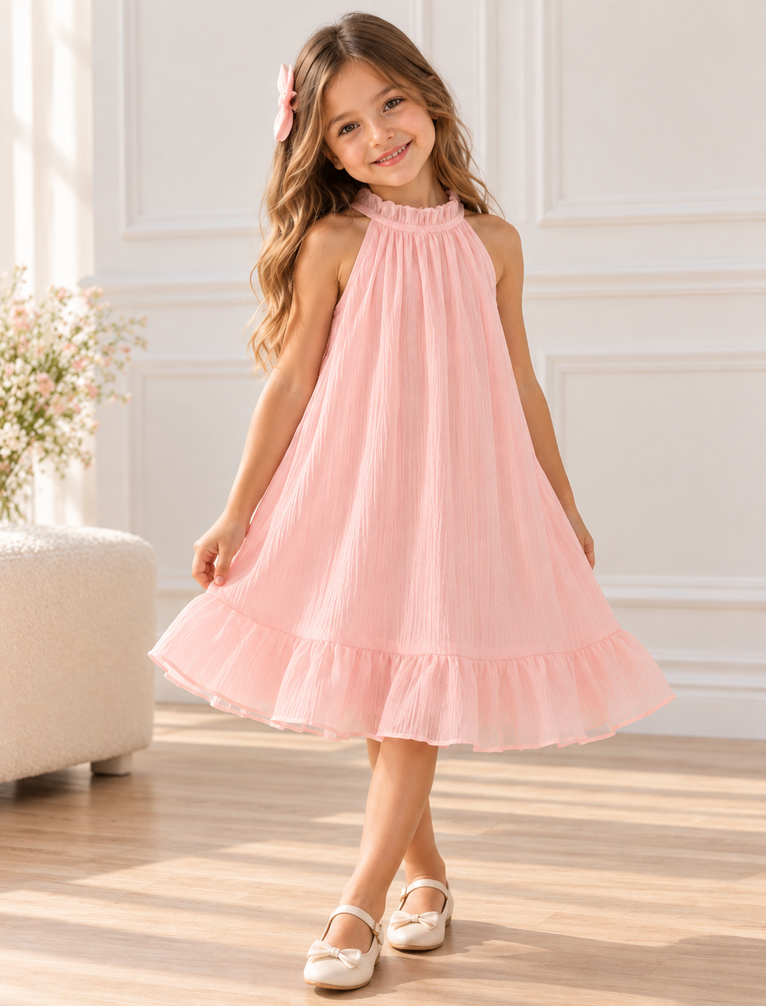 Vestido casual suelto rosado detalle de volado en el cuello y abajo