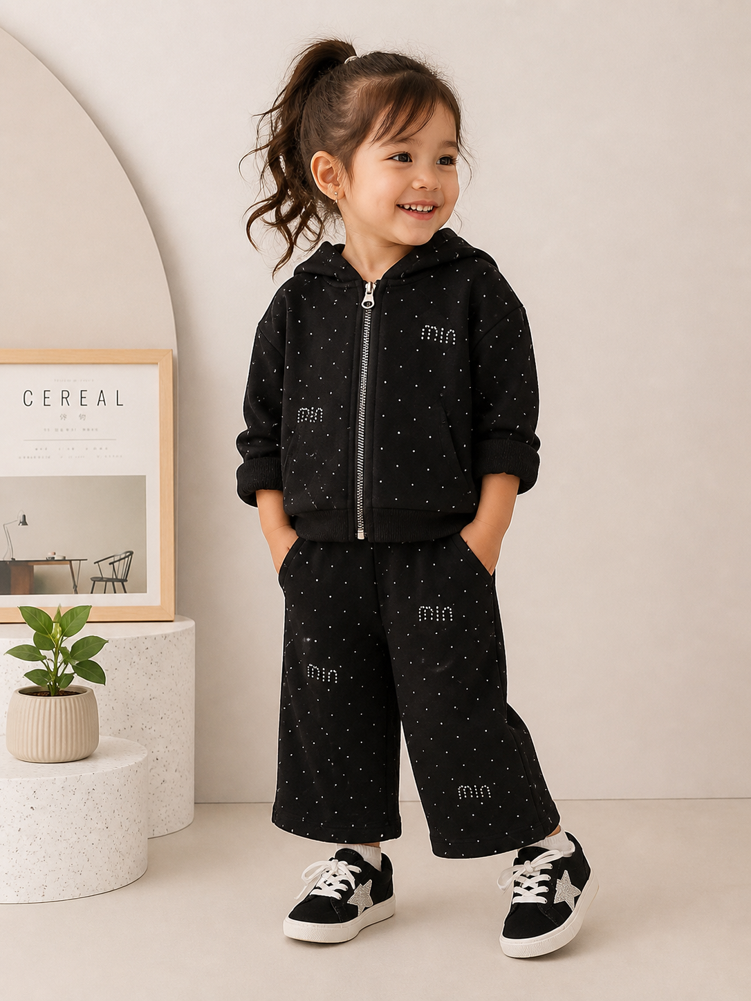 Conjunto de pantalón con abrigo negro , con detalles de brillo en plateado