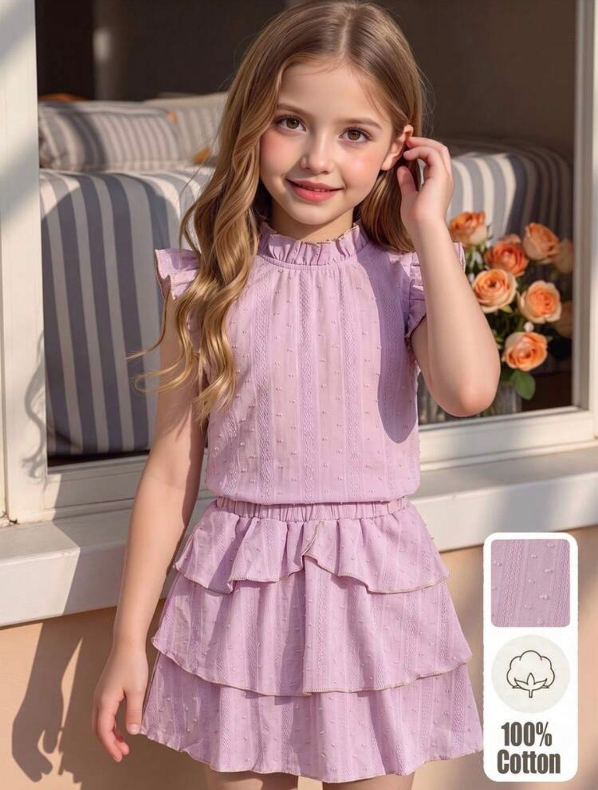 Conjunto 100% algodón pollera con blusa rosa detalle de capas en la falda