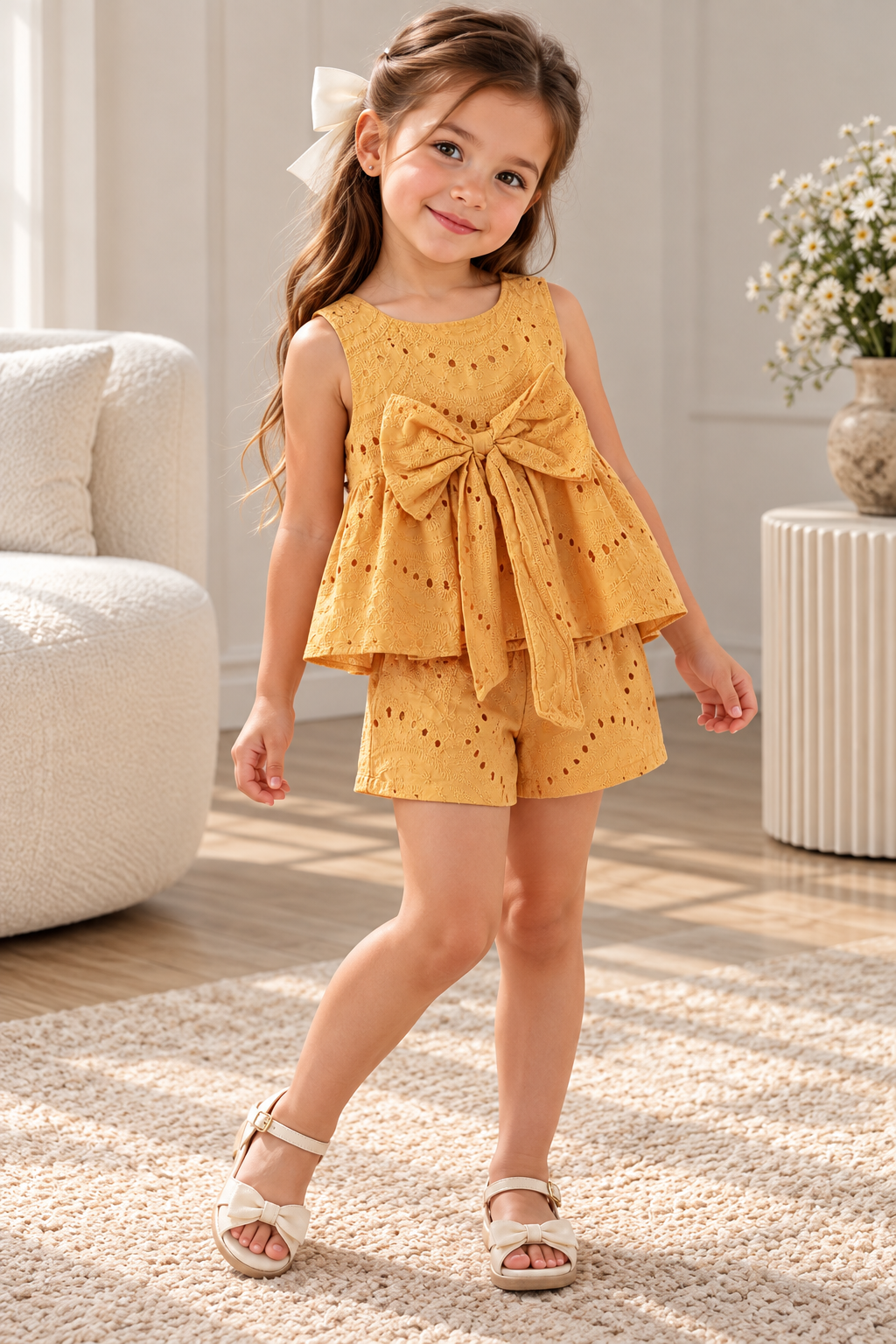 Conjunto de short con blusa color mostaza con detalle de moño en frente