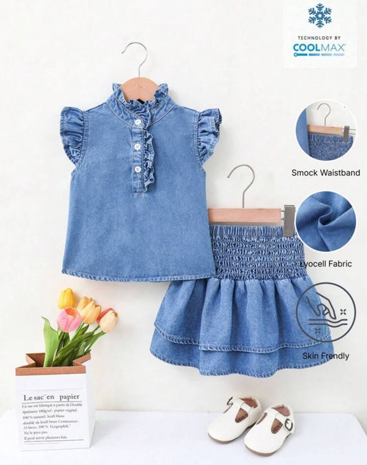 Conjunto pollera de jeans con blusa detalles de volados