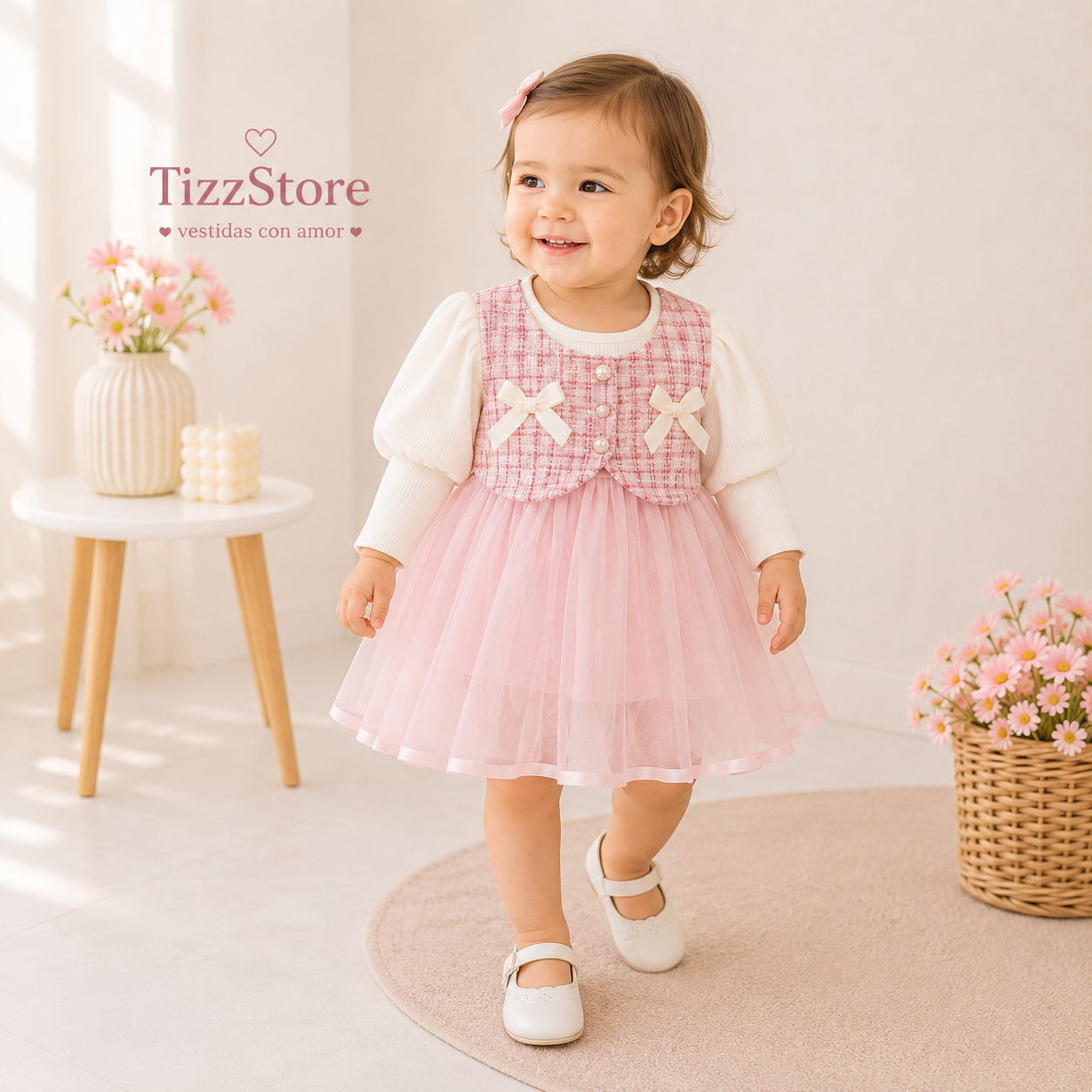 Vestido mangas largas rosa con detalle de manga abullonado y moños , mangas beige claro