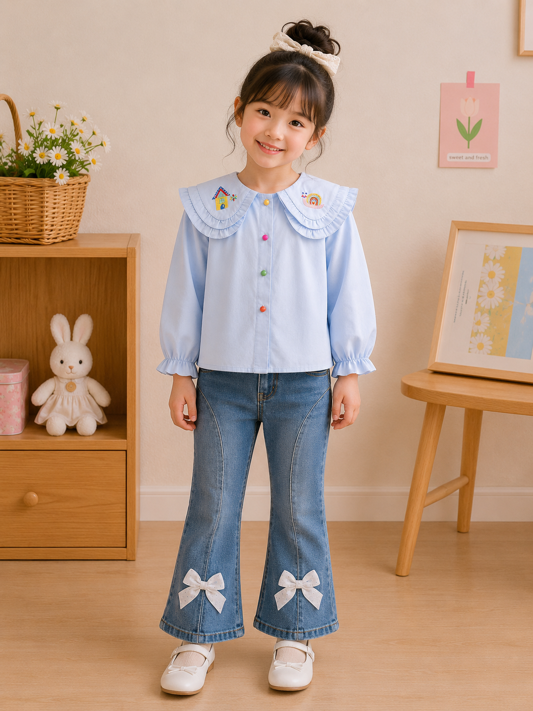 Conjunto pantalón de jeans corte Oxford con camisa celeste detalle de bordados de n el cuello