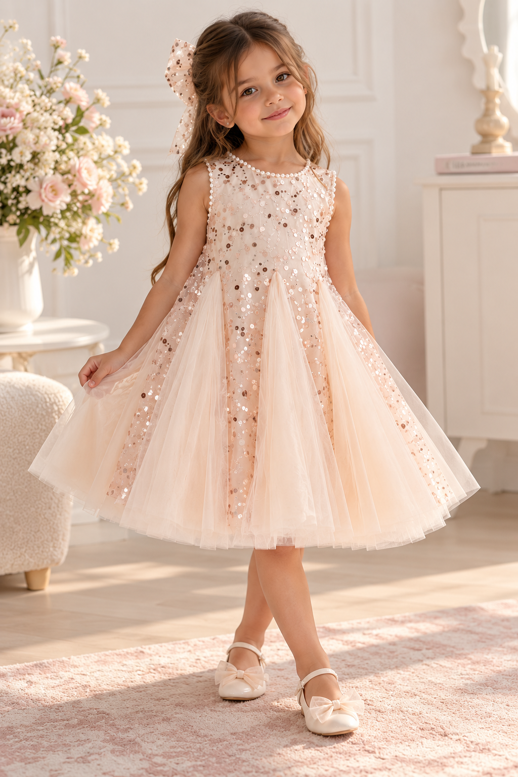 Vestido elegante color beige con lentejuelas doradas detalle de perlas en el cuello y manga con moño para el pelo
