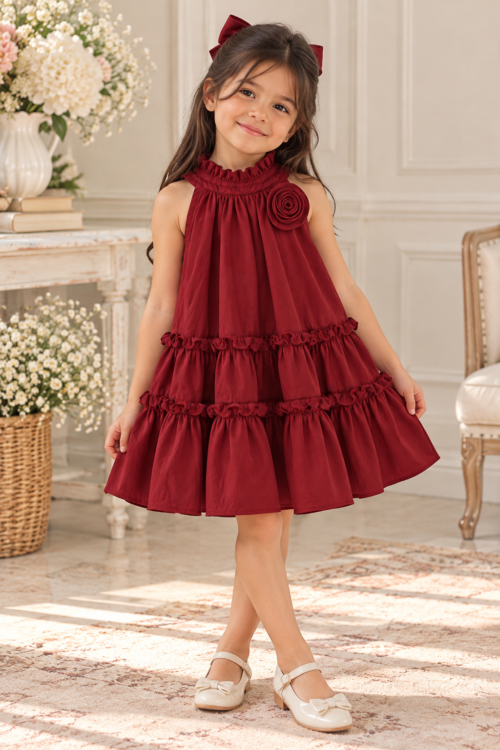 Vestido casual suelto color rojo con detalle de flor en 3D en el pecho