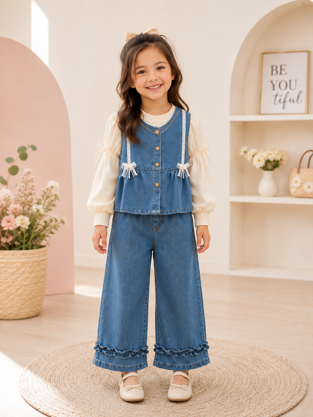 Conjunto de 3 piezas pantalón de jeans mangas largas y chaleco de jenas con detalles de moños