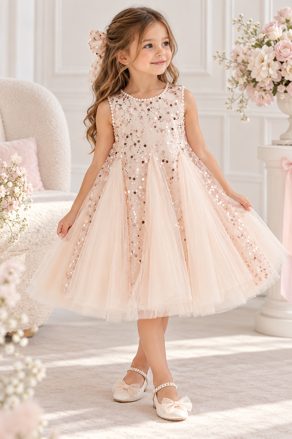 Vestido elegante color beige con lentejuelas doradas detalle de perlas en el cuello y manga con moño para el pelo