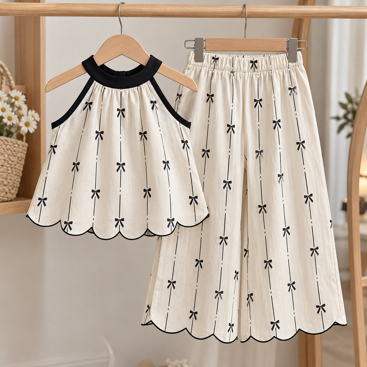 Conjunto pantalón  con blusa color crema con detalles de moños negros