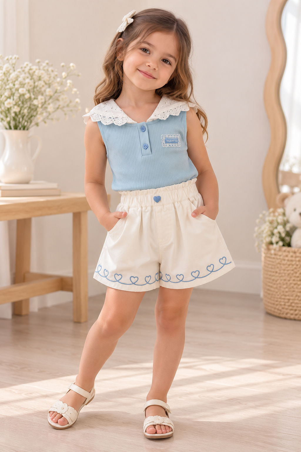 Conjunto short de jeans blanco  con remera sin manga celeste detalle de gorrita en broderie