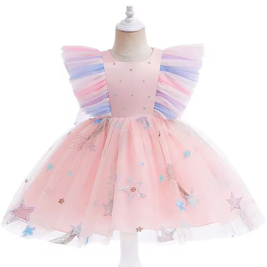 Vestido elegante para bebés , rosa con detalles coloridos en las mangas y falda