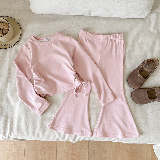 Conjunto pantalón Oxford y mangas largas  detalle de fruncido en los costados rosa tela algodón elastizada