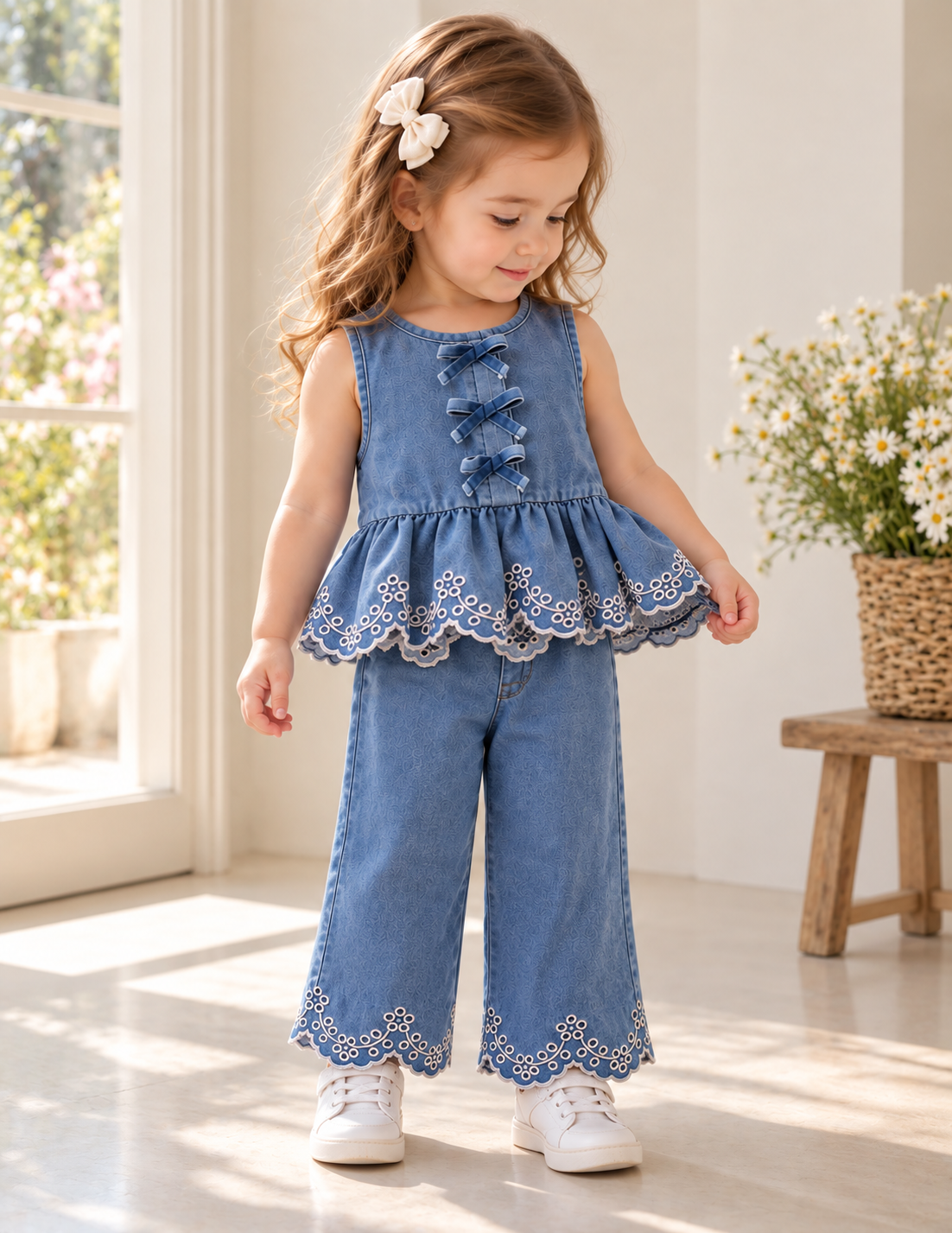 Conjunto de jeans pantalón con blusa detalle de moños y bordado en hilo