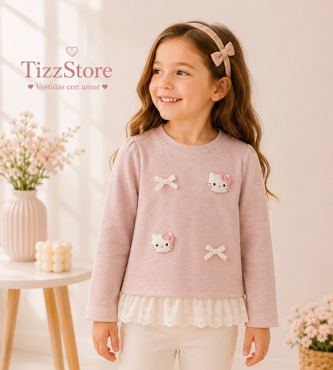 Mangas largas rosa con detalles de moño y hello Kitty ( tela agradable abrigo intermedio )