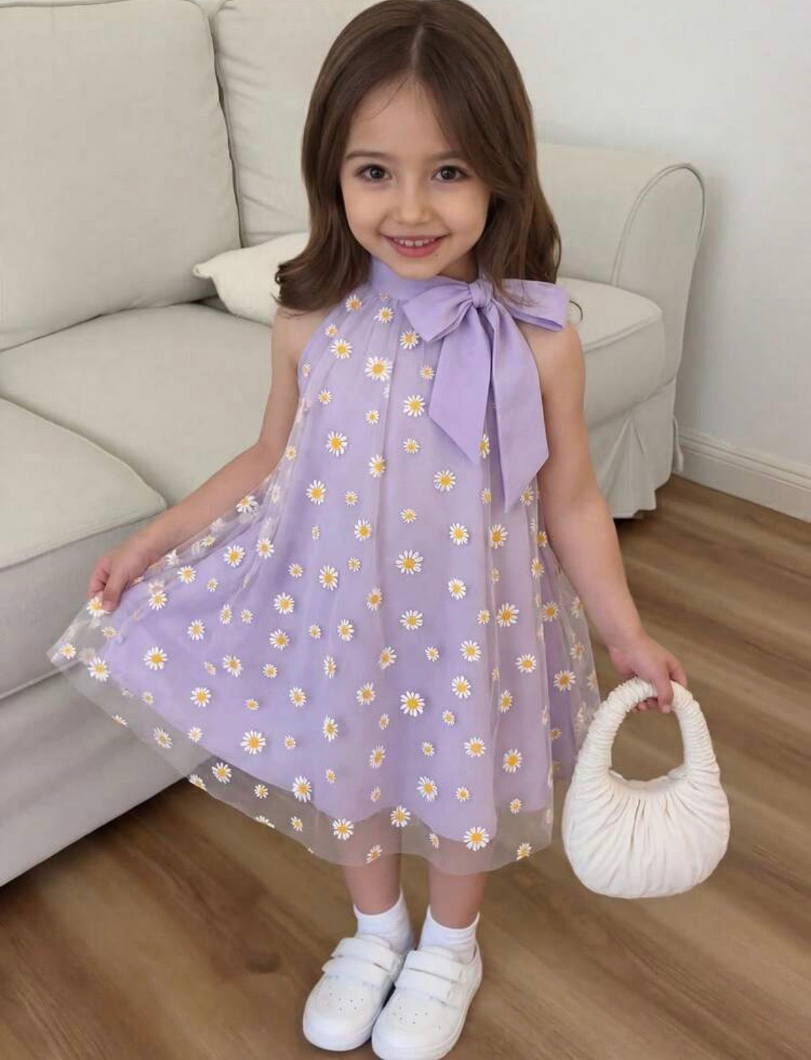 Vestido lila con detalle estampado de flores y moño en el cuello