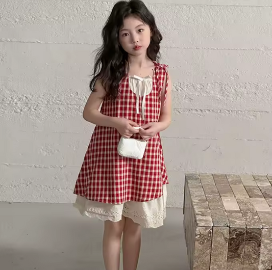 Vestido a cuadros rojo para niñas de 5 a 10 años con detalle de broderie