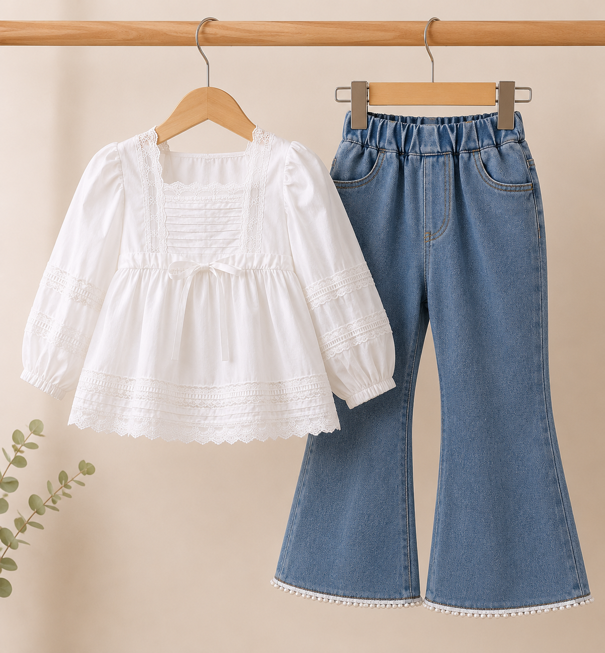 Conjunto pantalón de jeans Oxford con blusa blanca detalle de bordados mangas abollonadas