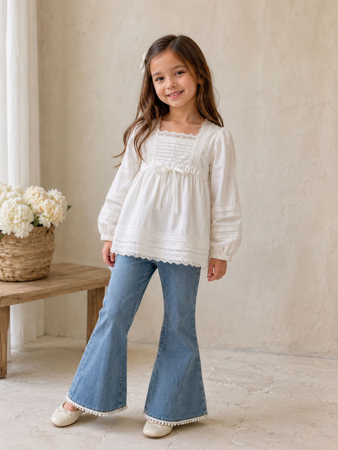 Conjunto pantalón de jeans Oxford con blusa blanca detalle de bordados mangas abollonadas