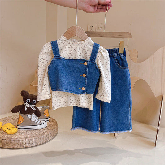 Conjunto de 3 piezas pantalón de jeans mangas largas y chaleco de jeans azul oscuro